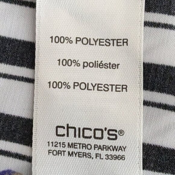 CHICO'S Black/White Stripe & Floral Long Sleeve Satin Button Blouse; Size 16/18 - Picture 4 of 5